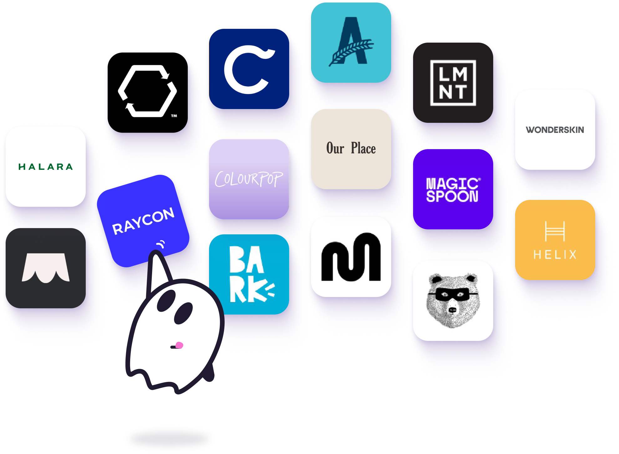 Floating brand tiles from Halara, Raycon, Colourpop, BARK, Our Place, LMNT, Magic Spoon and more, with the Inboox ghost mascot peeking through